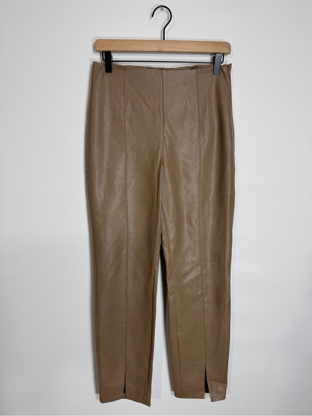 WP140 {Le Lis} Tan Beige Light Brown Faux Leather Pleated Straight Leg Pants